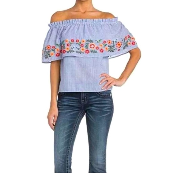 Miss Me Striped Floral Embroidered Off The Shoulder Top Size Medium - Picture 1 of 7